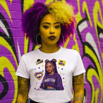 Prairie View A&M University Girl Clipart | HBCU PNG for T-Shirts, Mugs and other Merch | PVAMU Purple and Yellow Braids Black Woman Sublimation Design