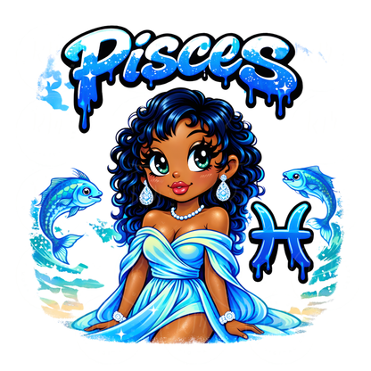 Pisces PNG Zodiac Girl Design, Blue Baddie Astrology Clipart, Transparent Background Sublimation Design, Birthday Gift PNG