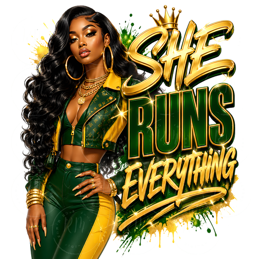 She Runs Everything PNG | Black Woman Boss Design | Green Gold Afro Queen Digital Download