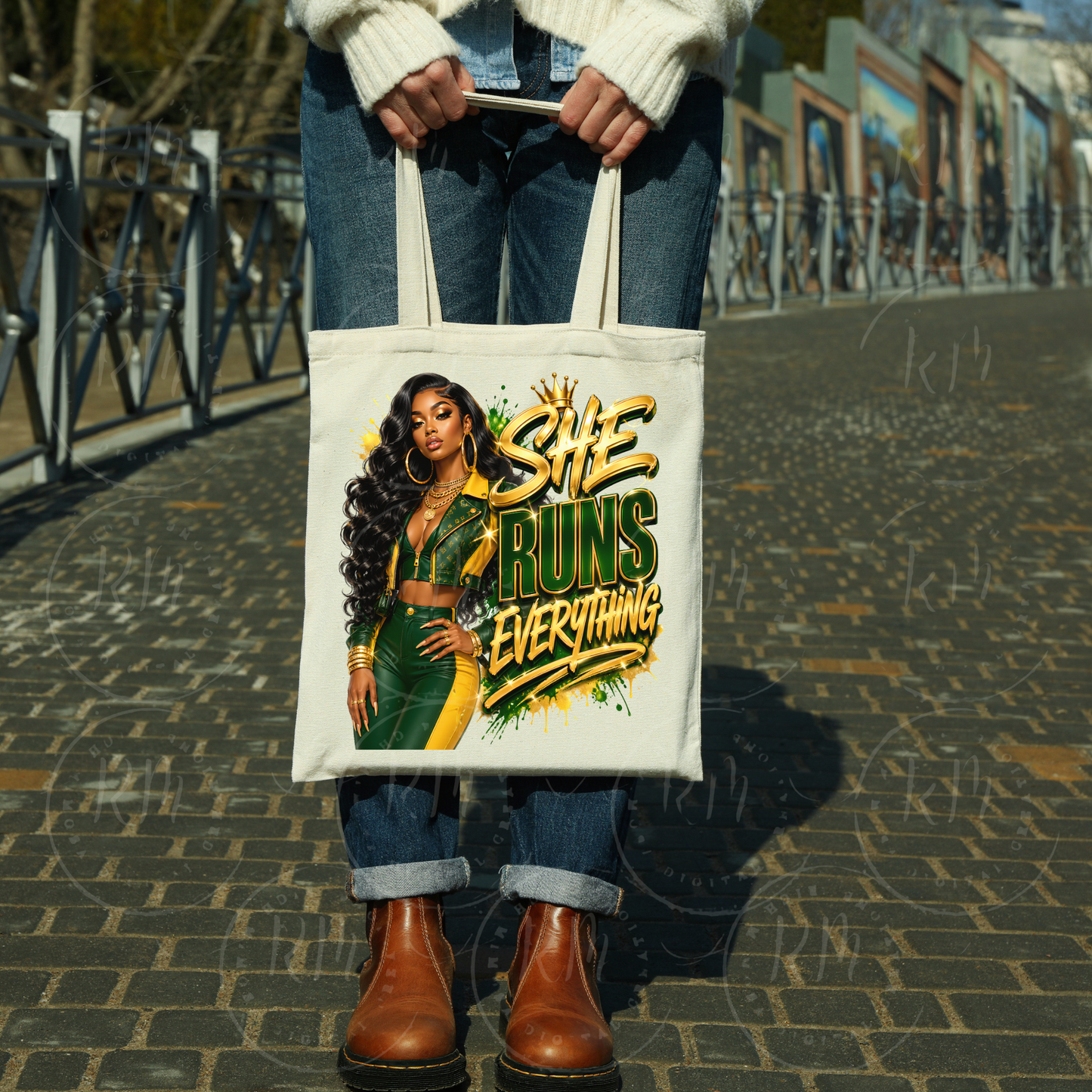She Runs Everything PNG | Black Woman Boss Design | Green Gold Afro Queen Digital Download
