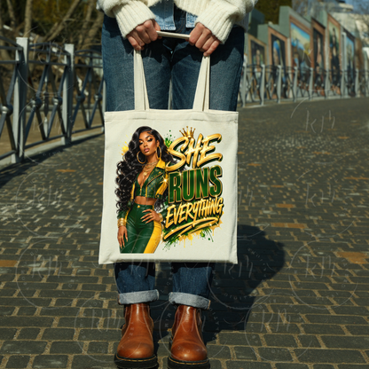 She Runs Everything PNG | Black Woman Boss Design | Green Gold Afro Queen Digital Download