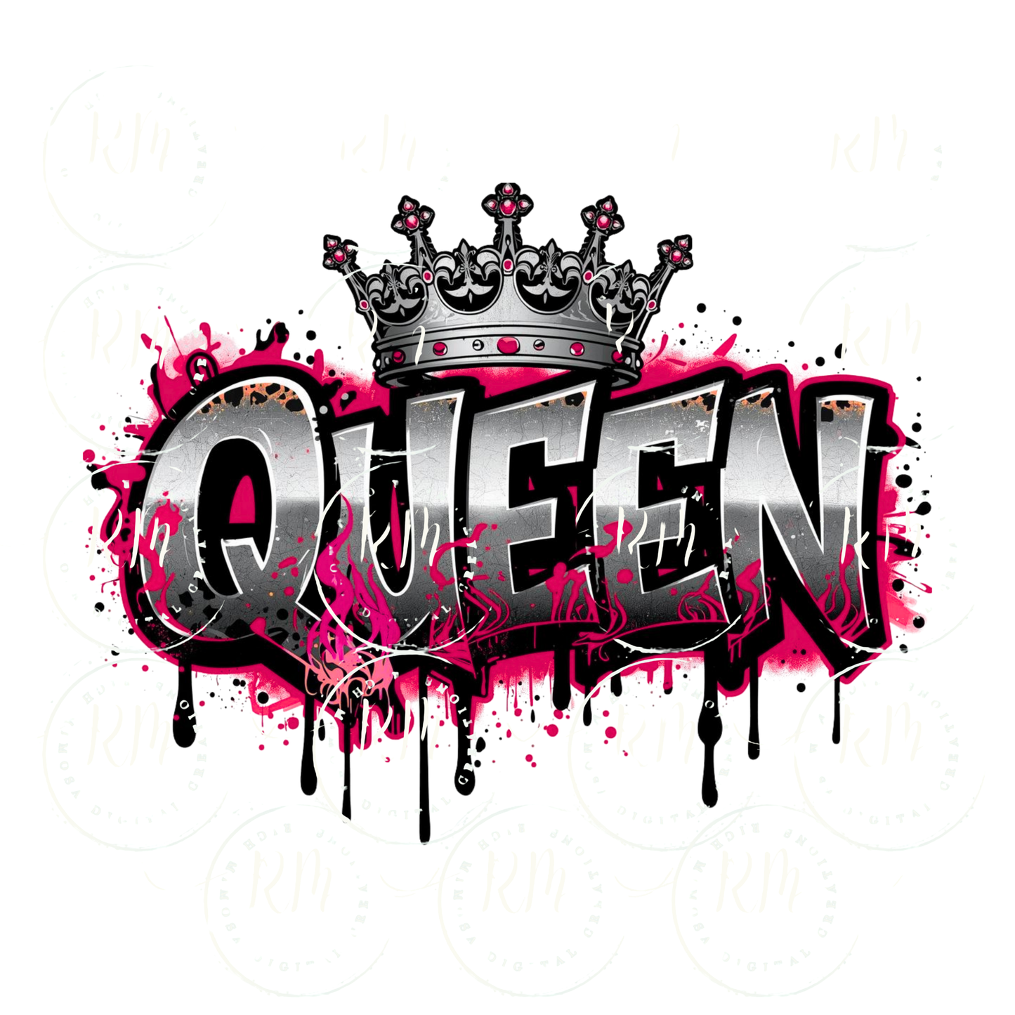 Silver Queen Graffiti Clipart – Pink Flames, Silver Crown (Digital Download)