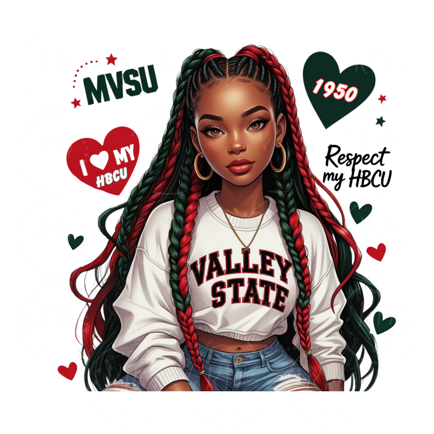 MS Valley State Girl Clipart: HBCU PNG, Black Woman Braids, Digital Download
