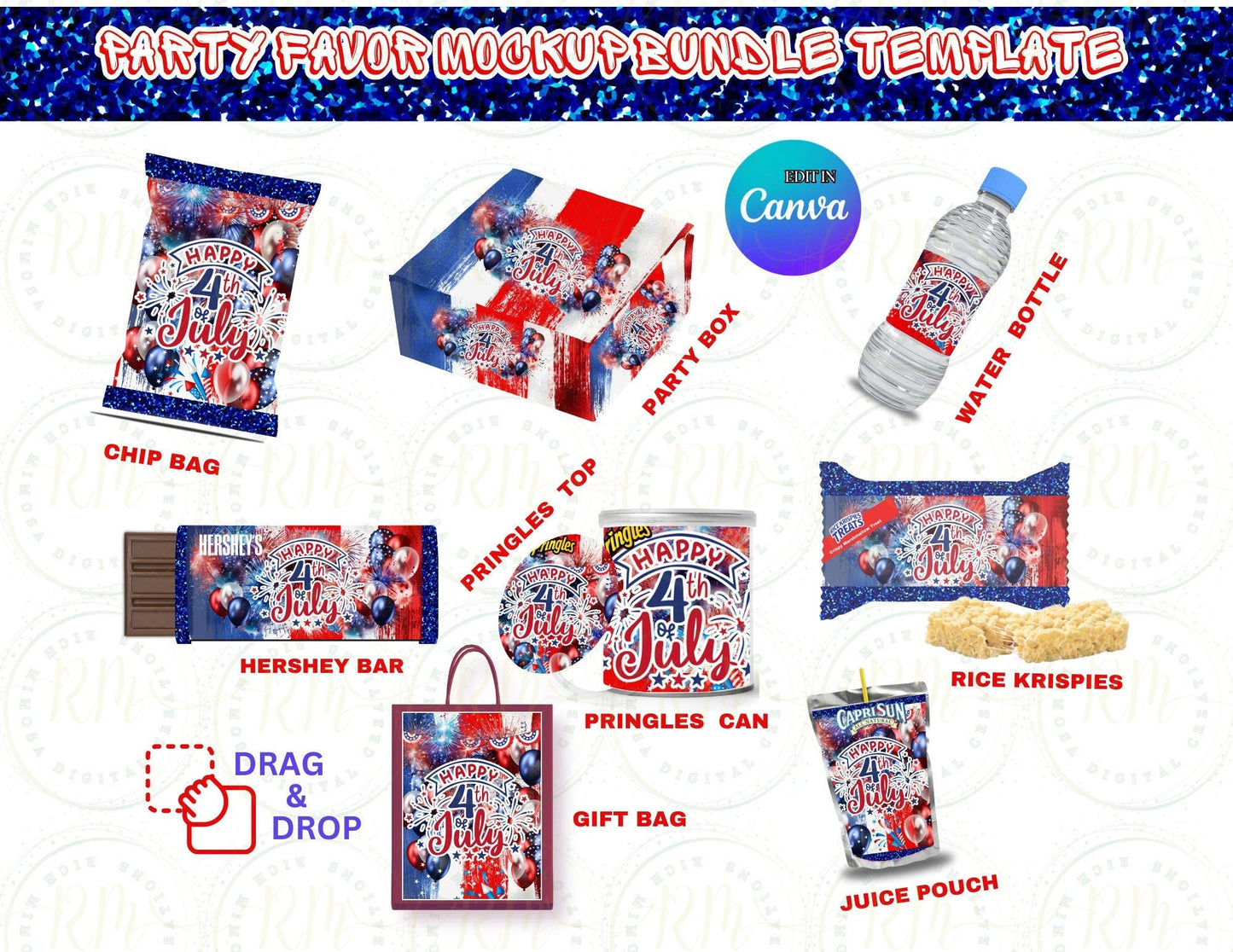 4th of July Party Favor Templates Bundle: DIY Patriotic Decorations (Canva Editable, Digital Download
