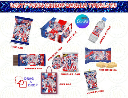 4th of July Party Favor Templates Bundle: DIY Patriotic Decorations (Canva Editable, Digital Download