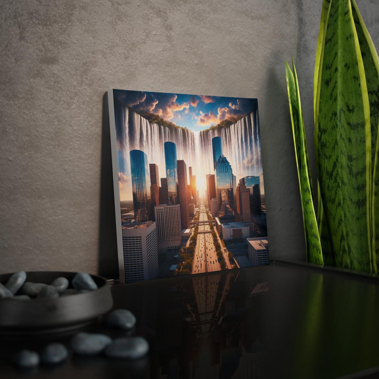 Wall Art, Canvas Print, Waterfall Art, Texas Artwork, Downtown Houston Skyline Canvas, Waterfall in the Houston Skyline, 8x8