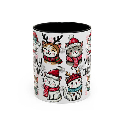 Meowy Christmas Cat Paw Accent Coffee Mug (11, 15oz), Cute Cats in Hats, Scarves, Antlers, Pink or Black, Holiday Gift, Cat Lover Mug, Funny