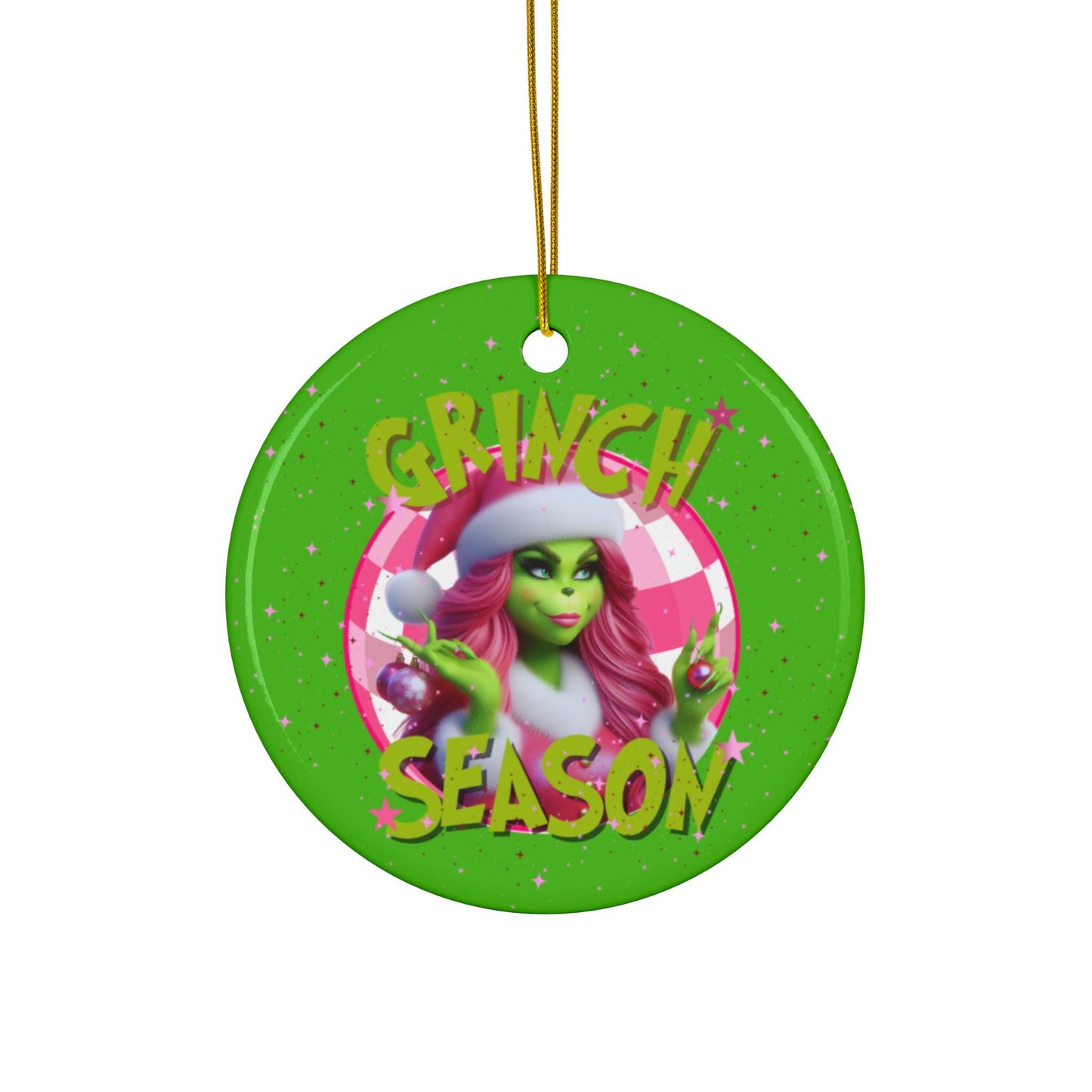 Ceramic Ornament, Grinch Christmas Ornament, Green Grinch Holiday Decor, Ms. Pink Grinch Ornament, Circle Ornament, Green Grinch Ornament