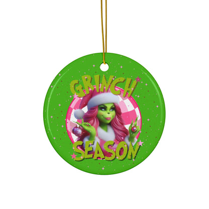 Ceramic Ornament, Grinch Christmas Ornament, Green Grinch Holiday Decor, Ms. Pink Grinch Ornament, Circle Ornament, Green Grinch Ornament