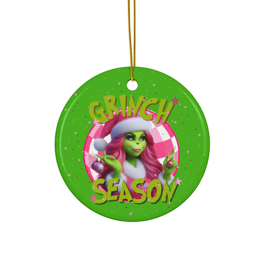 Ceramic Ornament, Grinch Christmas Ornament, Green Grinch Holiday Decor, Ms. Pink Grinch Ornament, Circle Ornament, Green Grinch Ornament