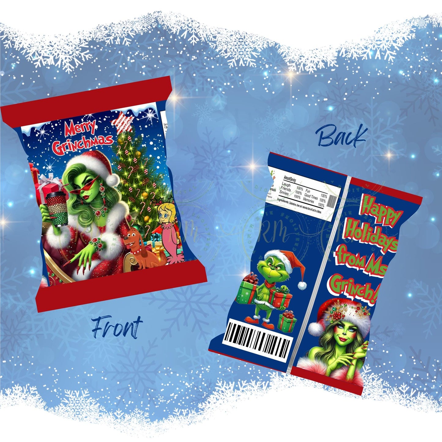 Ms. Grinch Christmas Chip Bag Template: Editable Party Favor (Digital)