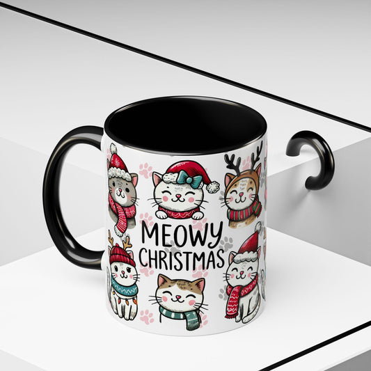 Meowy Christmas Cat Paw Accent Coffee Mug (11, 15oz), Cute Cats in Hats, Scarves, Antlers, Pink or Black, Holiday Gift, Cat Lover Mug, Funny