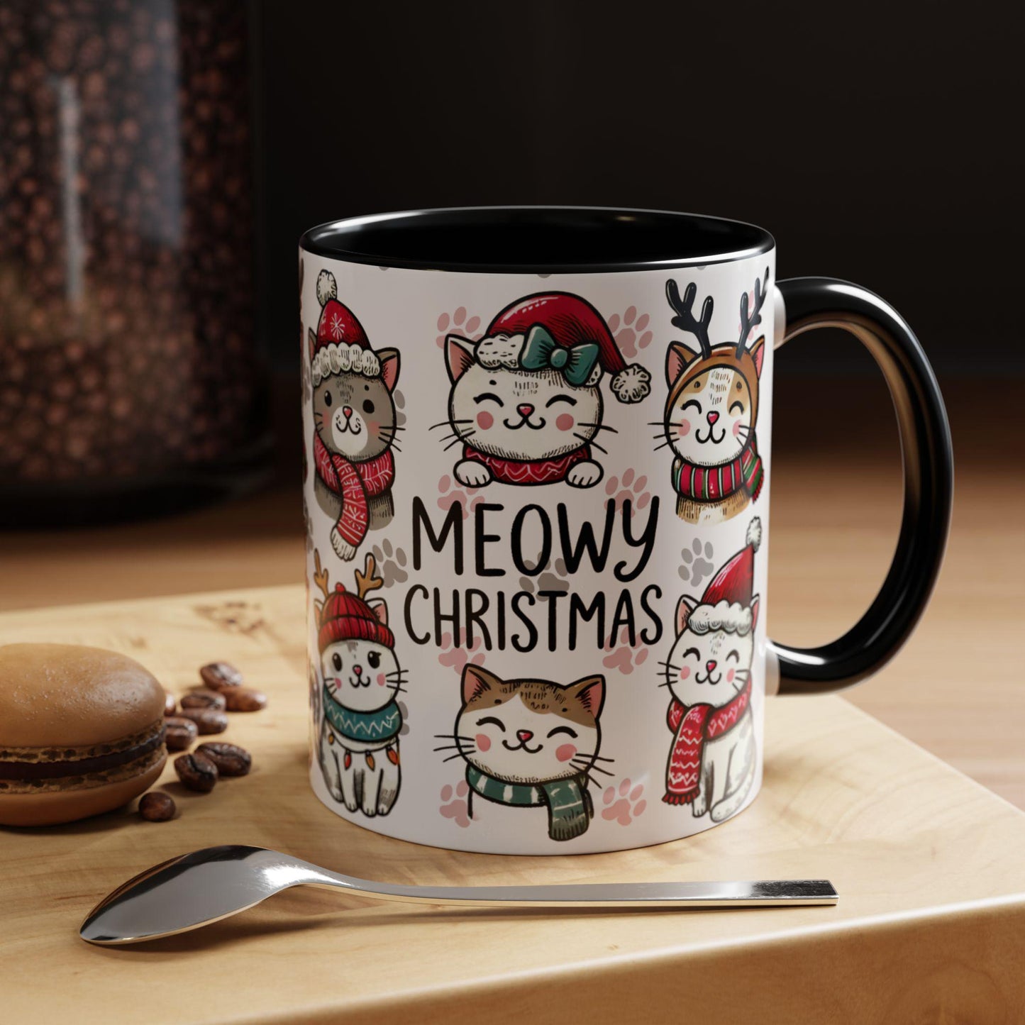 Meowy Christmas Cat Paw Accent Coffee Mug (11, 15oz), Cute Cats in Hats, Scarves, Antlers, Pink or Black, Holiday Gift, Cat Lover Mug, Funny