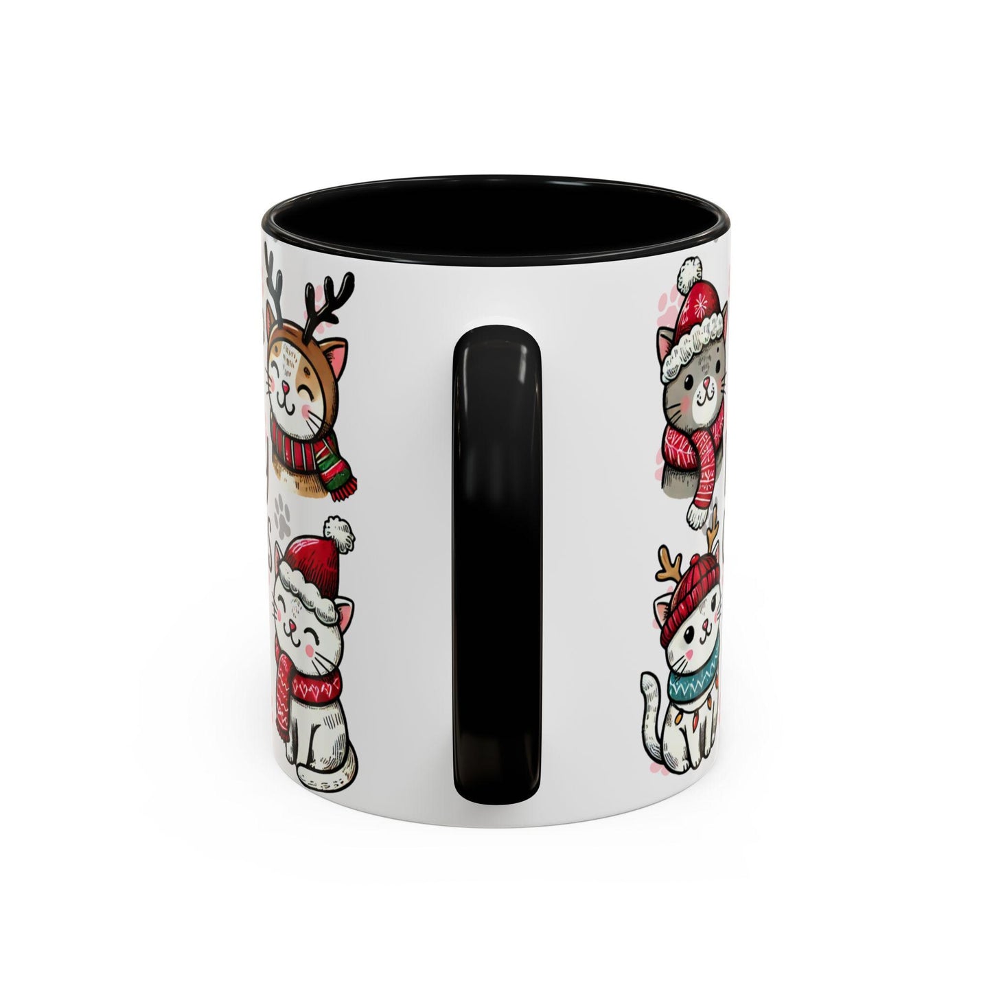 Meowy Christmas Cat Paw Accent Coffee Mug (11, 15oz), Cute Cats in Hats, Scarves, Antlers, Pink or Black, Holiday Gift, Cat Lover Mug, Funny