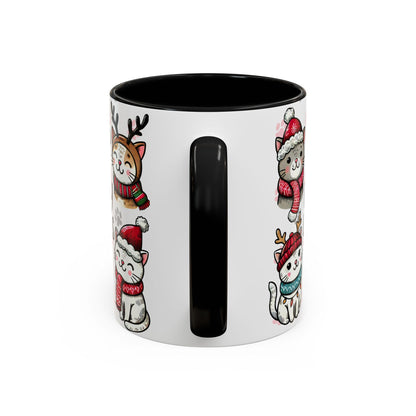 Meowy Christmas Cat Paw Accent Coffee Mug (11, 15oz), Cute Cats in Hats, Scarves, Antlers, Pink or Black, Holiday Gift, Cat Lover Mug, Funny
