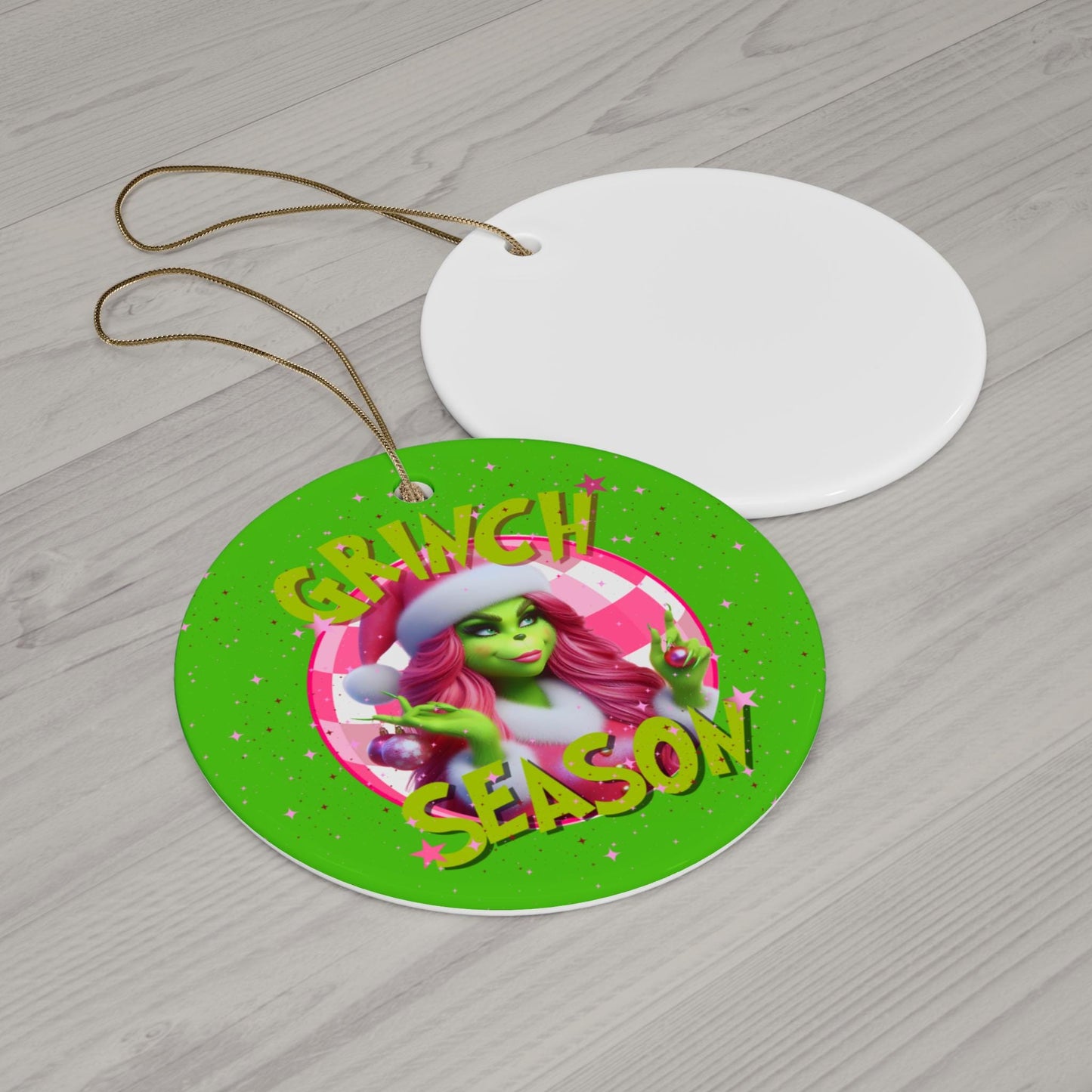 Ceramic Ornament, Grinch Christmas Ornament, Green Grinch Holiday Decor, Ms. Pink Grinch Ornament, Circle Ornament, Green Grinch Ornament