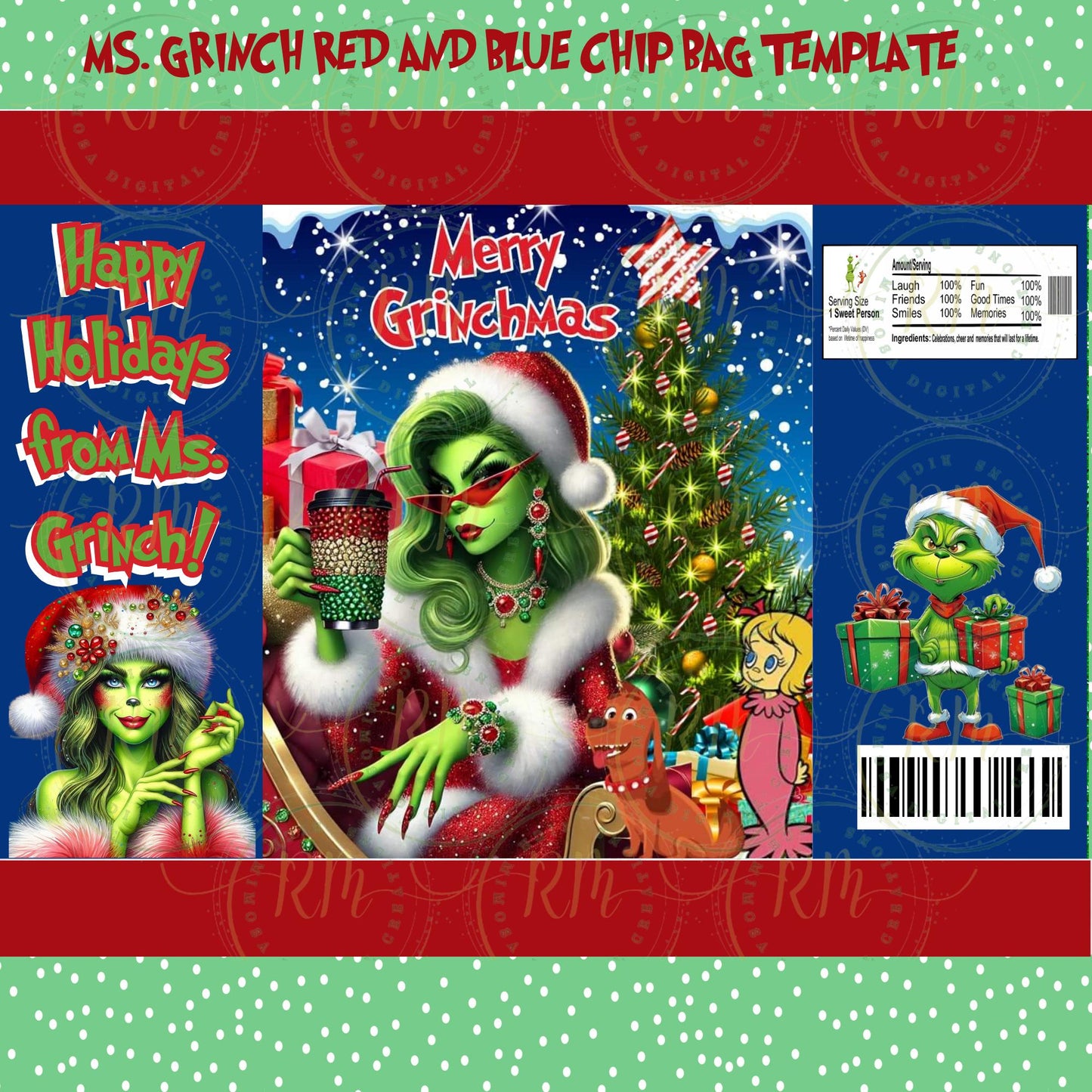 Ms. Grinch Christmas Chip Bag Template: Editable Party Favor (Digital)