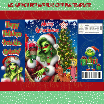 Ms. Grinch Christmas Chip Bag Template: Editable Party Favor (Digital)