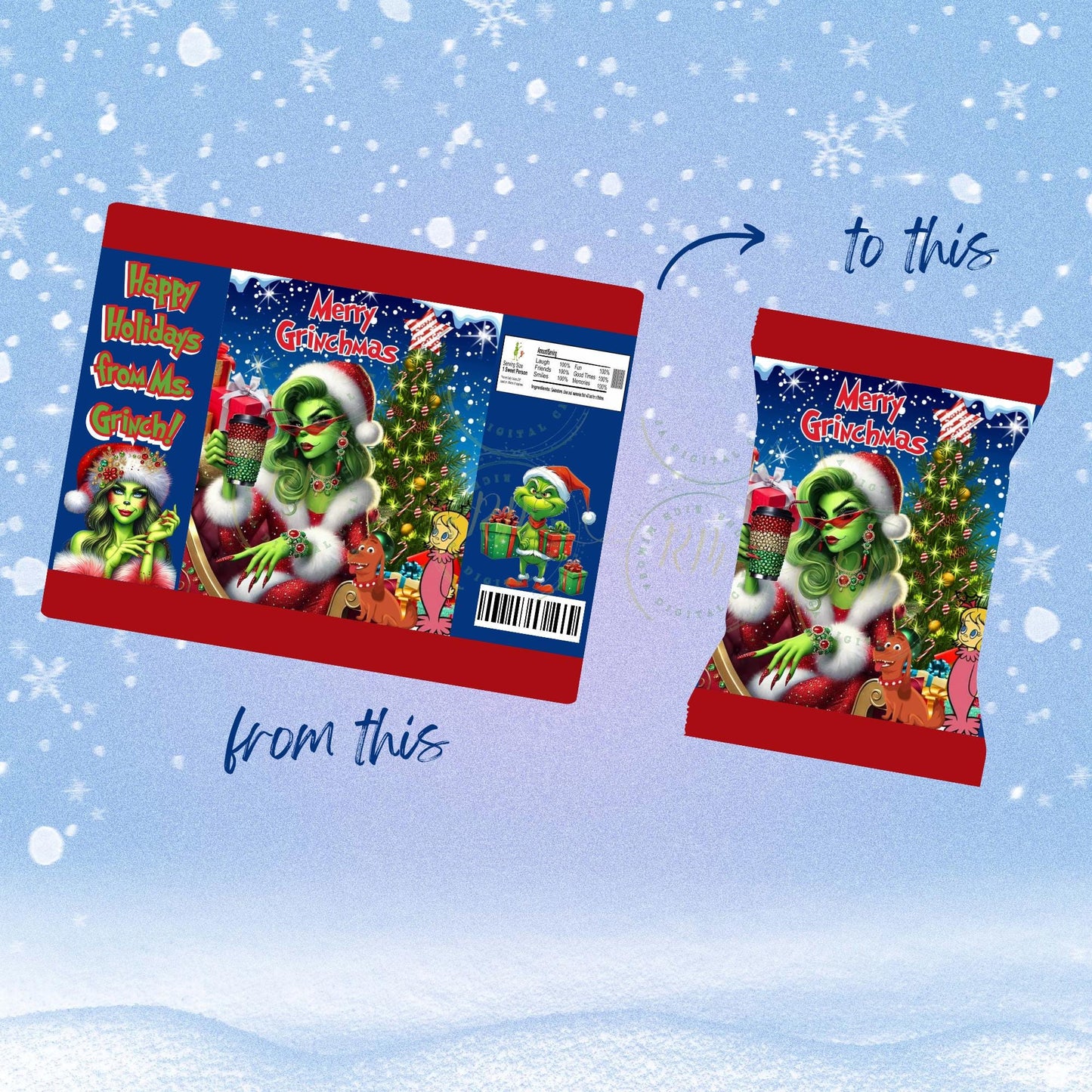 Ms. Grinch Christmas Chip Bag Template: Editable Party Favor (Digital)