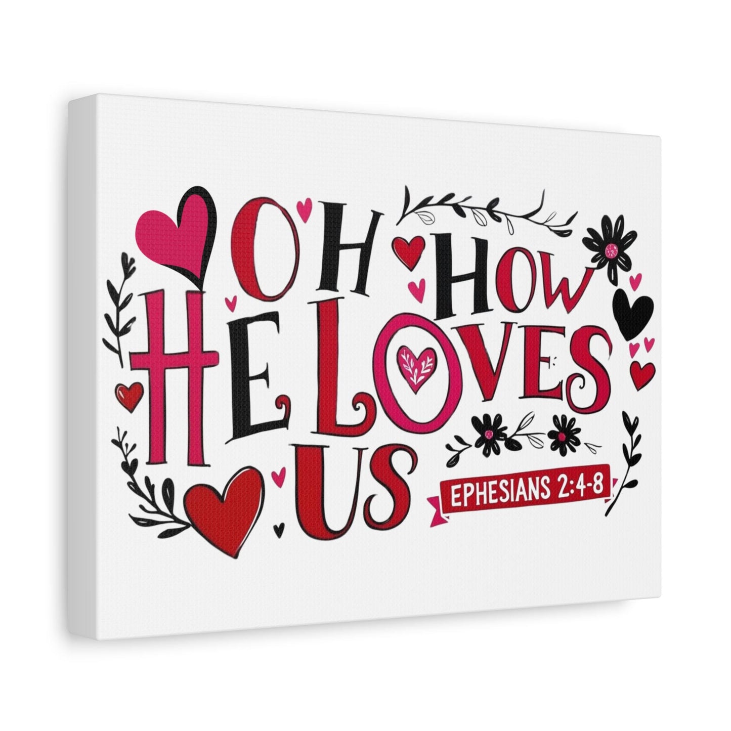 Canvas Wall Art, Christian Home Decor, Ephesians 2:4-8, Red/Pink/Black, Hearts and Flowers, Religious Gift, Bible Verse Art Print, Religious