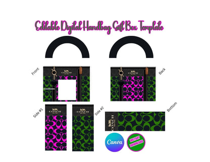 Handbag Gift Box Template: Pink & Green Designer Purse (Canva DIY Digital)
