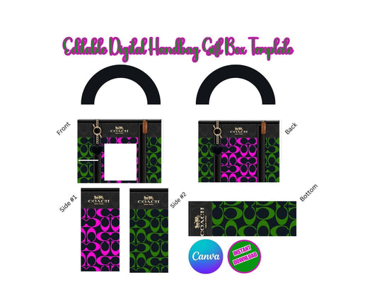 Handbag Gift Box Template: Pink & Green Designer Purse (Canva DIY Digital)