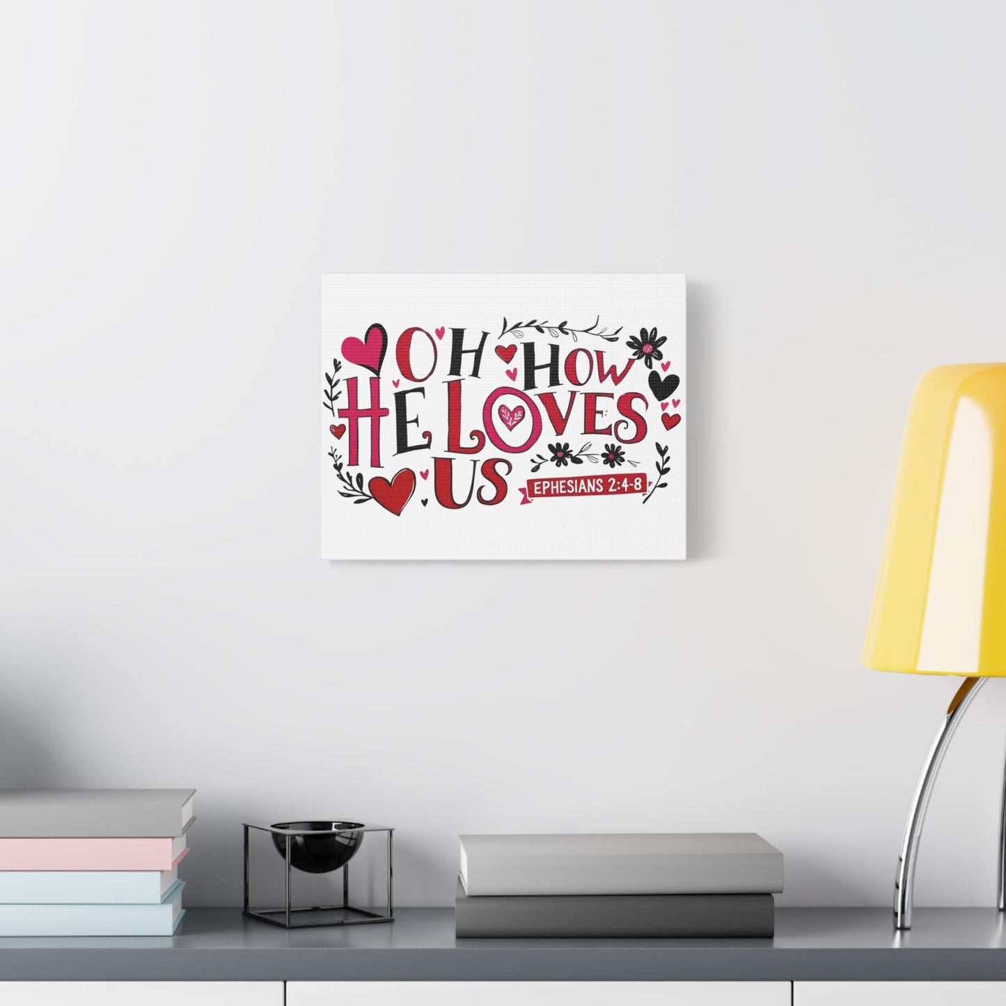Canvas Wall Art, Christian Home Decor, Ephesians 2:4-8, Red/Pink/Black, Hearts and Flowers, Religious Gift, Bible Verse Art Print, Religious