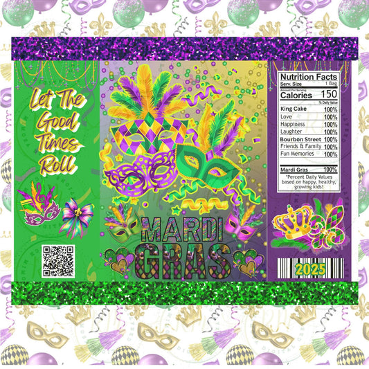 Mardi Gras Chip Bag Template: Editable Party Favor (Canva)