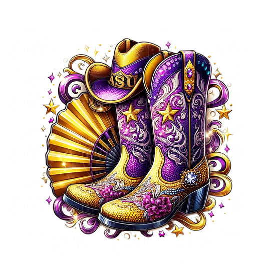 Boots on the Ground Clipart, Western Cowgirl Boots Clipart, Purple and Gold PNG, Unique ASU Design, Hat and Fan Graphic Design, Alcorn State