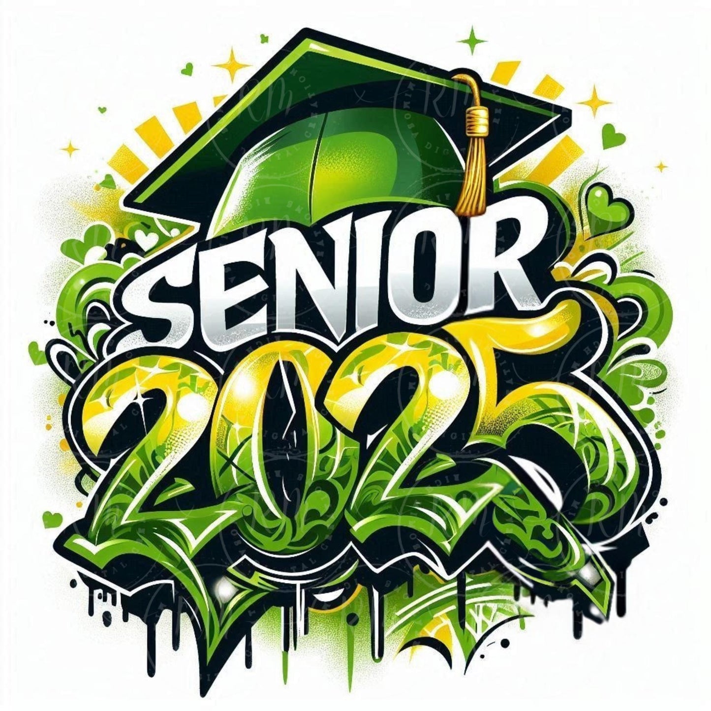Senior 2025 Clipart: Green & Yellow Grad Graphics (Digital Download)