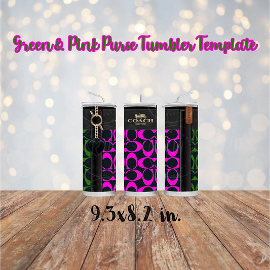 Purse Tumbler Template, Green and Pink Designer Purse, Editable Tumbler Template, Custom Digital Purse Wrap, Gift for Her, 9.3x8.2 in.