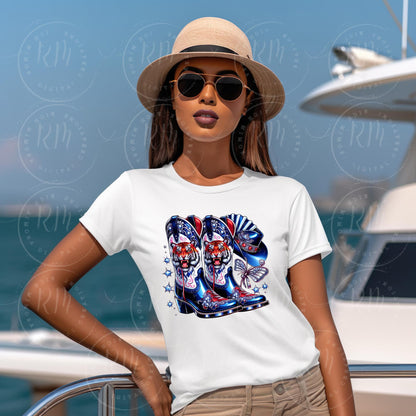 Boots on the Ground Clipart, Western Cowgirl Boots Clipart, Red, White& Blue Tiger PNG, Unique JSU Design, Hat and Fan Graphic Design