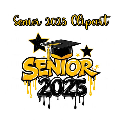 Senior 2025 Clipart: Yellow & Black Graduation Graphics (Digital Download)