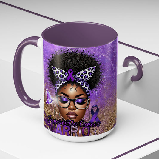 Coffee Mug Pancreatic Cancer Warrior African American Female Butterfly 15oz Cup, Gift for Cancer Survivor Awareness Advocate, Chemotherapy