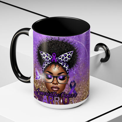 Coffee Mug Pancreatic Cancer Warrior African American Female Butterfly 15oz Cup, Gift for Cancer Survivor Awareness Advocate, Chemotherapy