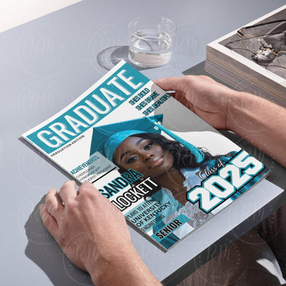 Turquoise Graduation Magazine Cover Template: 2025 Grad Announcement (Canva Editable, Digital Download)