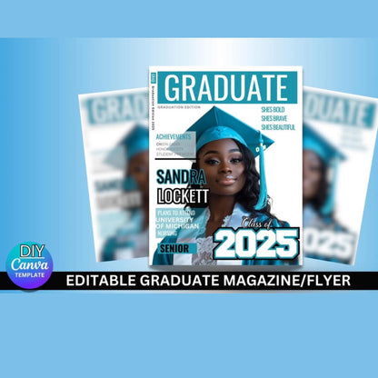 Turquoise Graduation Magazine Cover Template: 2025 Grad Announcement (Canva Editable, Digital Download)