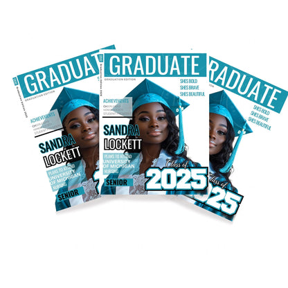 Turquoise Graduation Magazine Cover Template: 2025 Grad Announcement (Canva Editable, Digital Download)