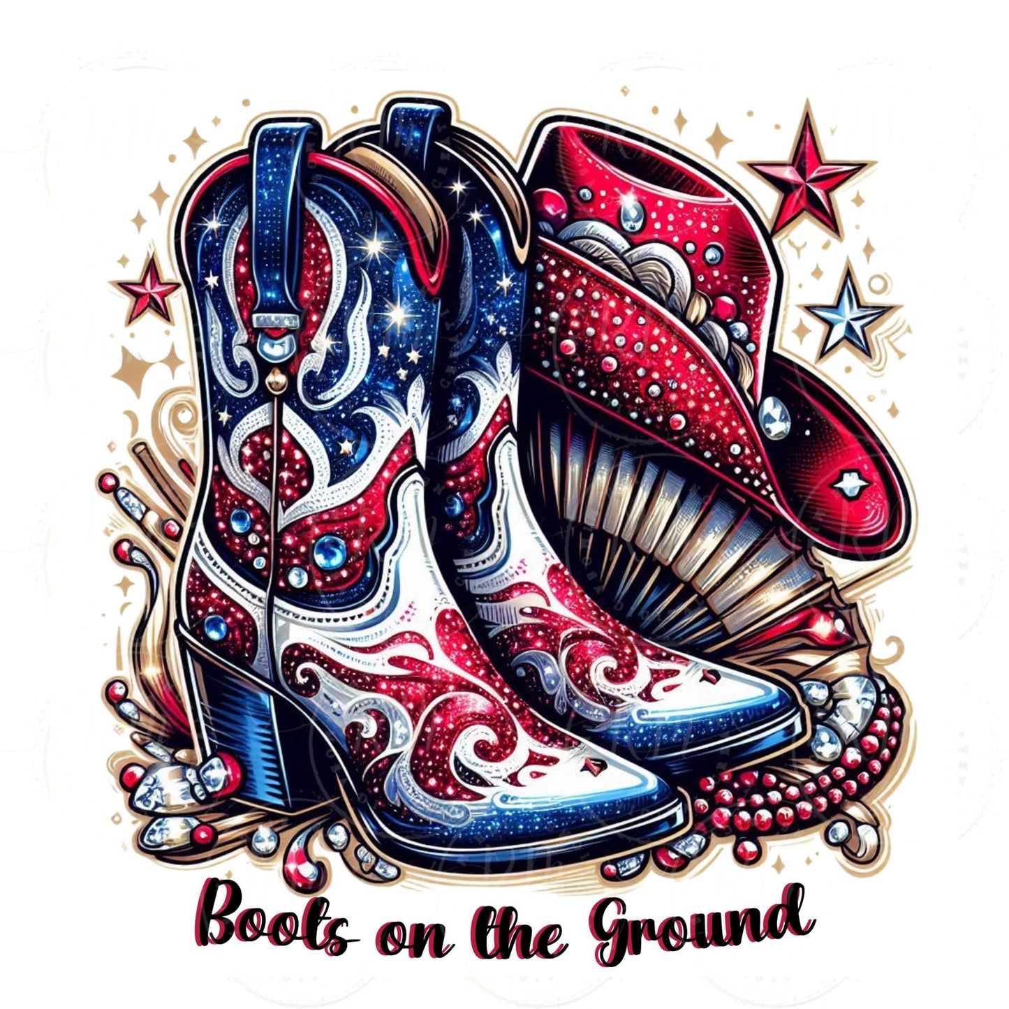 Boots on the Ground PNG, Rhinestone Cowgirl Boots, Hat& Fan Graphic Design, Unique Western Design, Artwork for Prints, Tshirts, DIYs