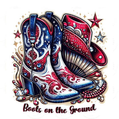 Boots on the Ground PNG, Rhinestone Cowgirl Boots, Hat& Fan Graphic Design, Unique Western Design, Artwork for Prints, Tshirts, DIYs