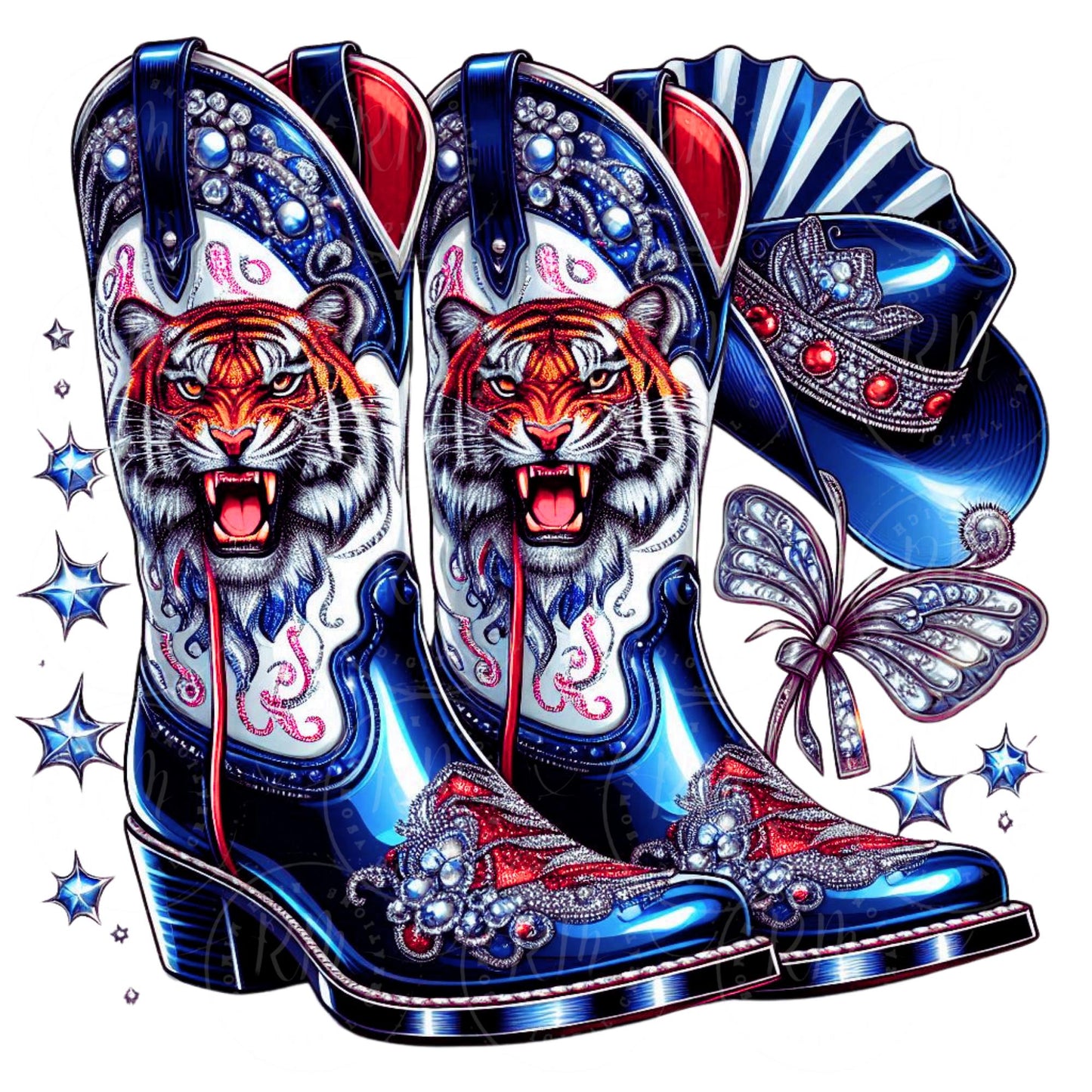Boots on the Ground Clipart, Western Cowgirl Boots Clipart, Red, White& Blue Tiger PNG, Unique JSU Design, Hat and Fan Graphic Design