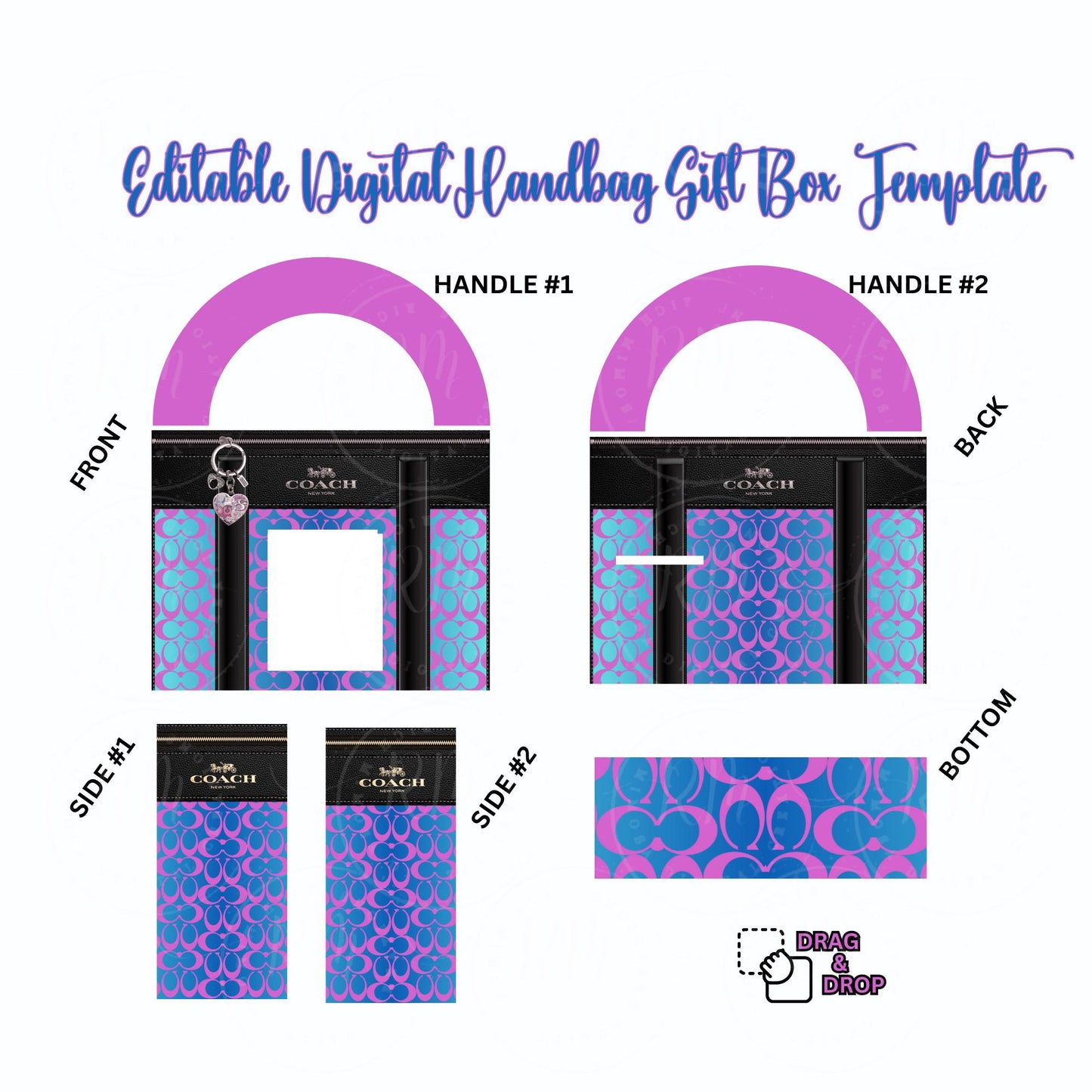 Blue and Purple Handbag Gift Box Template, Designer Purse Gift Box, Custom Digital Handbag Template, Canva DIY Purse Design, Grad Gift, Mother's Day Gift