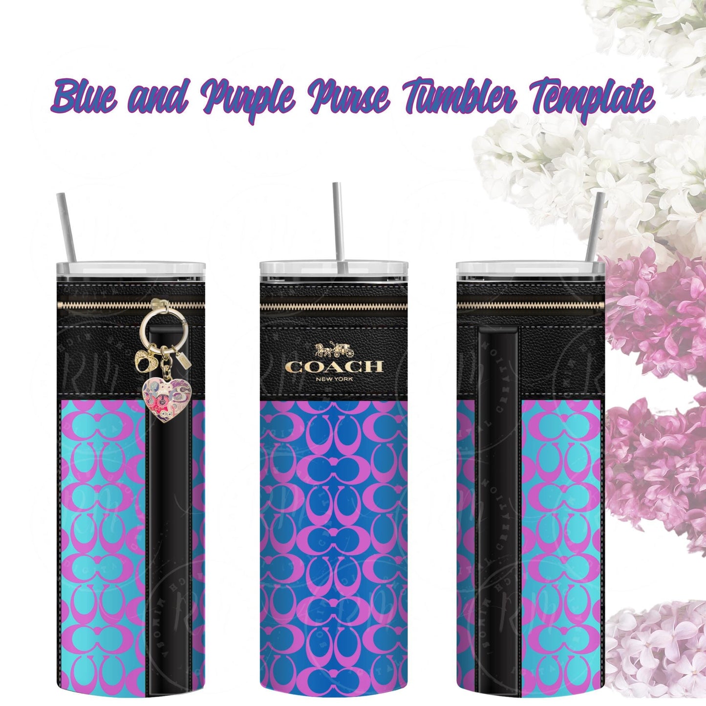 Purse Tumbler Template, Blue and Purple Multicolor Designer Purse, Editable Tumbler Template, Custom Digital Purse Wrap, Gift for Her