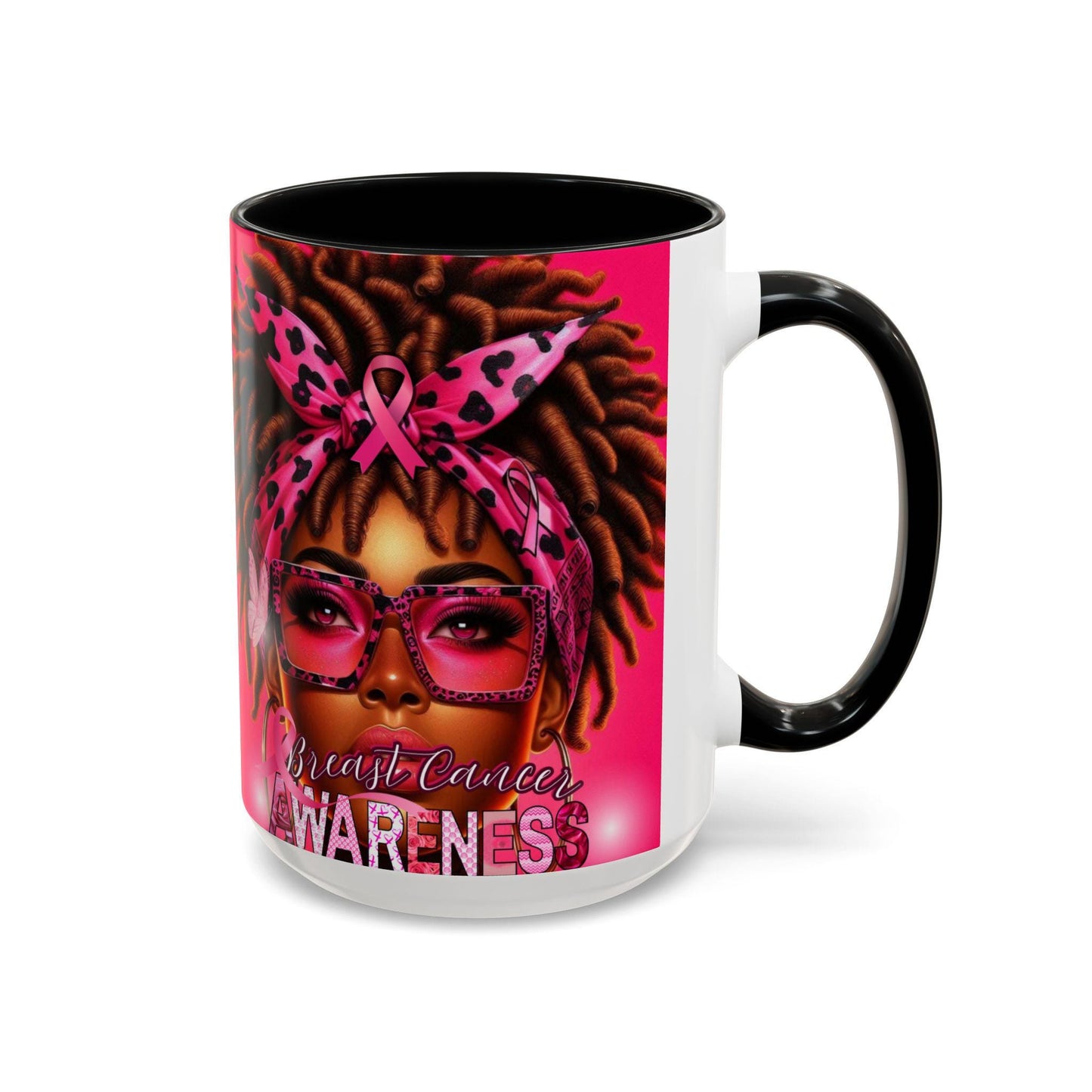 Coffee Mug - Breast Cancer Awareness 15oz, African American Female, Cancer Survivor Gift, Motivational Mug, Pink, Fight Cancer