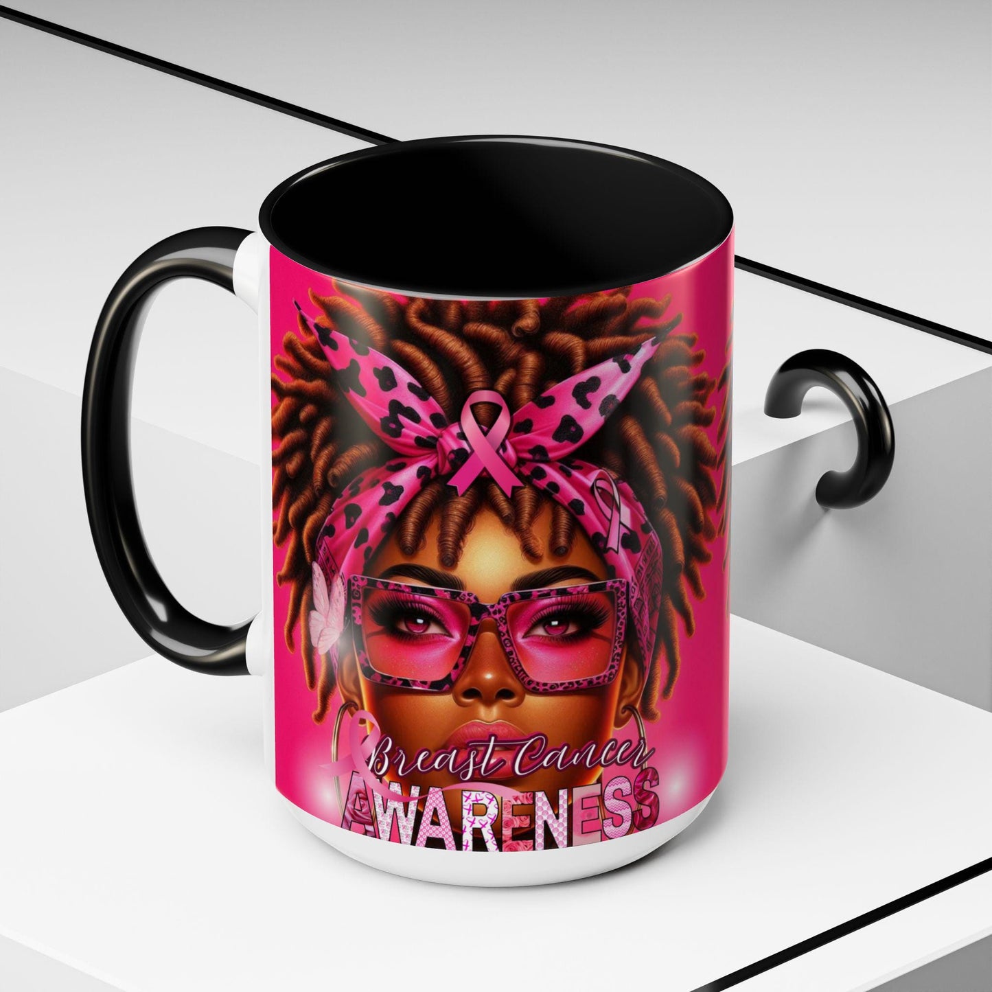 Coffee Mug - Breast Cancer Awareness 15oz, African American Female, Cancer Survivor Gift, Motivational Mug, Pink, Fight Cancer