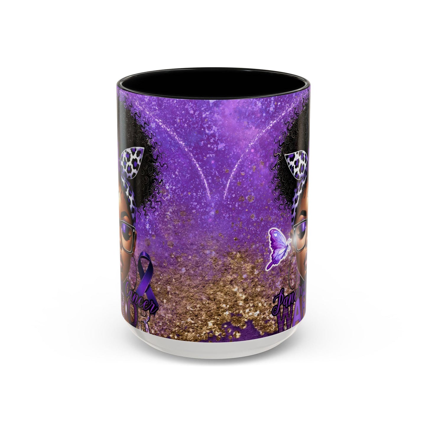 Coffee Mug Pancreatic Cancer Warrior African American Female Butterfly 15oz Cup, Gift for Cancer Survivor Awareness Advocate, Chemotherapy