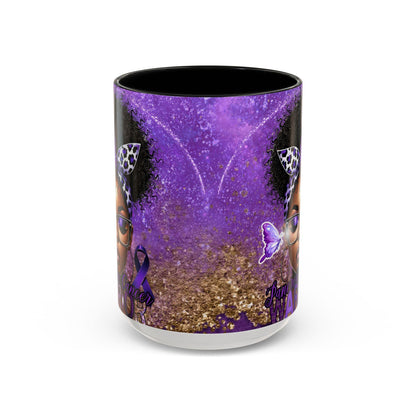 Coffee Mug Pancreatic Cancer Warrior African American Female Butterfly 15oz Cup, Gift for Cancer Survivor Awareness Advocate, Chemotherapy