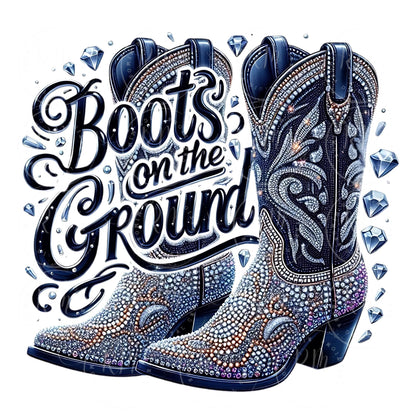 Boots on the Ground PNG, Rhinestone Cowgirl Boots Graphic Design, Unique Western Design, Artwork for Prints, Tshirts, DIYs, Shirt Clipart