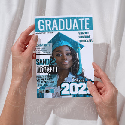 Turquoise Graduation Magazine Cover Template: 2025 Grad Announcement (Canva Editable, Digital Download)
