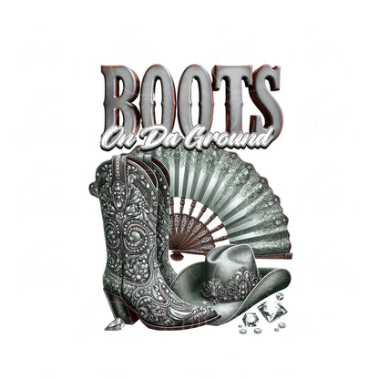 Boots on the Ground PNG, Gray Rhinestone Cowgirl Boots, Hat& Fan Graphic Design, Unique Western Design, Artwork for Prints, Tshirts, DIYs